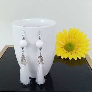 Silver Ton Day Time~White Dangling Tassel Earrings